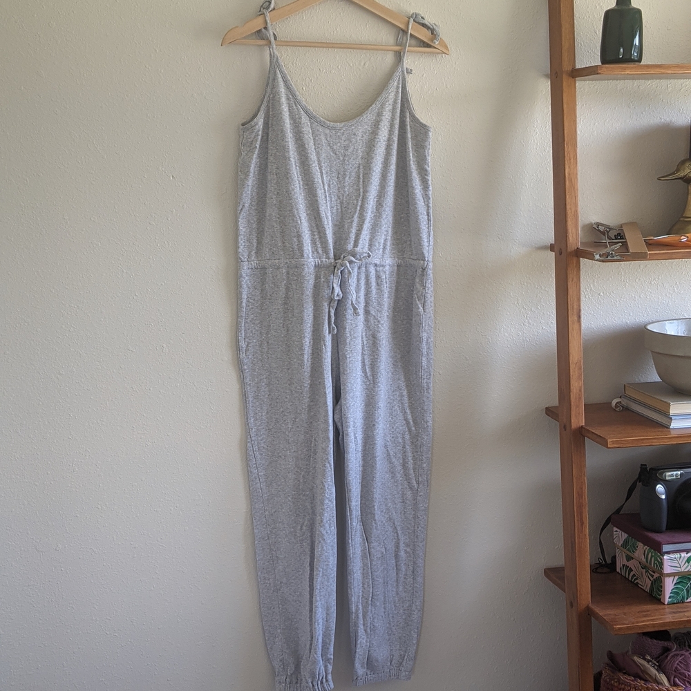 Madewell Knit Pointelle Tie-Strap Pajama Jumpsuit - Heather Baby Grey Sz S